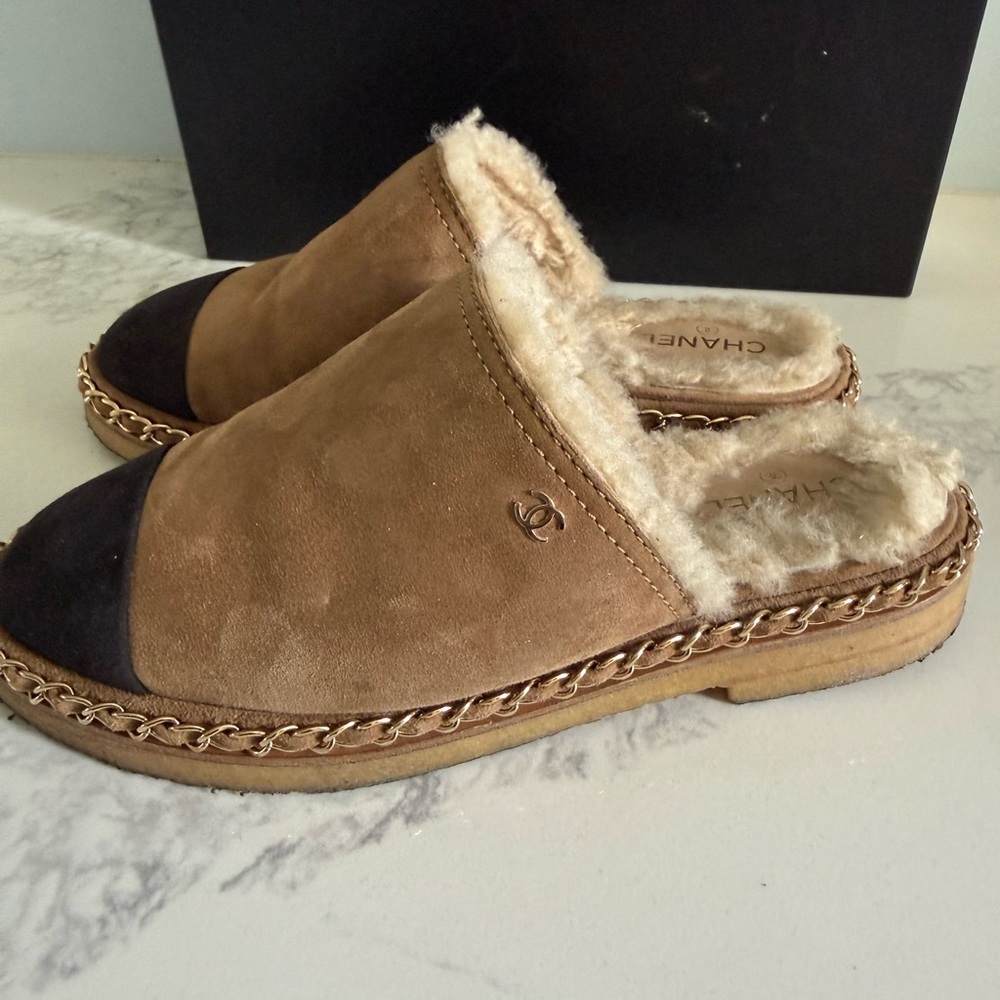 Chanel 2018 Interlocking CC Logo Sherling Mules Women's 36.5 6.5 Brown Black - Picture 6 of 16